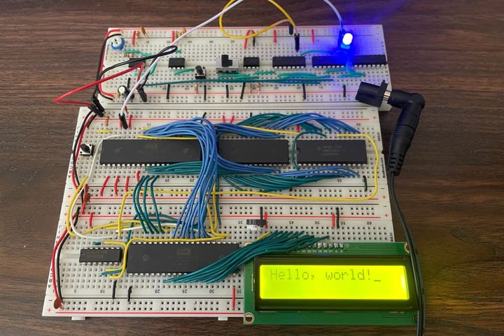 6502 computer on breadboard, printing hello world